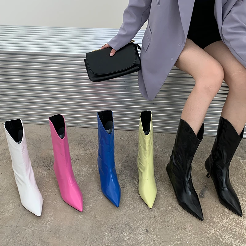 

Fashion High Western Chelsea Boots For Women Pumps 2022 New Ladies Modern Boots Rubber Female Shoes Pointed Toe Med Heels
