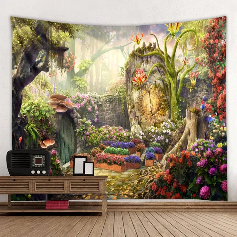 

Spring Fairytale Forest Scenery Tapestry Fantasy Colorful Flower Plant Trees Tapestries Living Room Bedroom Decor Wall Hanging