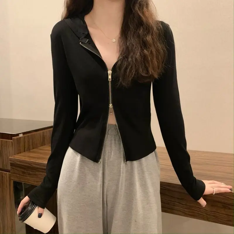 

Woman Cotton T-Shirts Summer New Hooded Solid Slim Loose Office Casual Outwear Tops Ladies Zipper Casual Tops Vintage Clothe G86