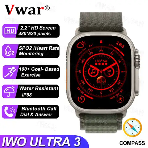 Смарт-часы VWAR IWO ULTRA 3 с компасом, 49 мм, из титанового сплава, 100 + спортивные модели, водонепроницаемые мужские Смарт-часы IP68 с поддержкой Bluetooth ...