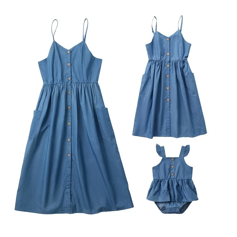 

2023Family New Look Tank Mother Daughter Matching Dresses Denim Mom Baby Mommy and Me Clothes Fashion Women Girls Cotton Outfits