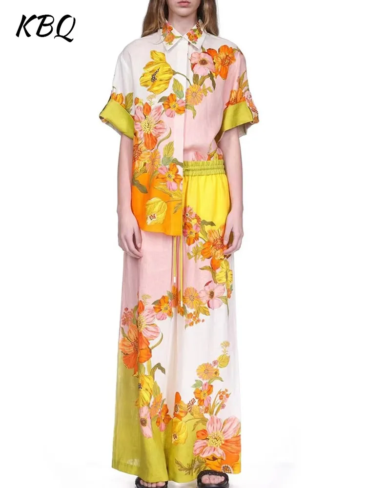 

KBQ-Color Print Two Piece Sets for Women, Lapel Short Sleeve Tops, High Waist, Spliced Lace Up, Wide Leg Pants,Casual Female Set