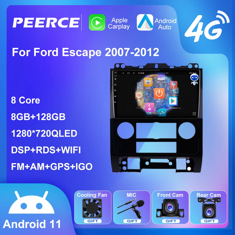 

Автомагнитола PEERCE на Android 11 для Ford Escape 2007-2012, стерео, GPS-навигация, Carplay, Android, автомобильный мультимедийный плеер BT, 2 din, DVD