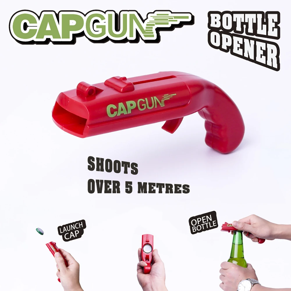 

Creative Gun Bottle Opener Portable Drink Wine Corkscrew Flying Cap Launcher Shooter Drinking Game Toy Bar Tool Kitchen Gadget