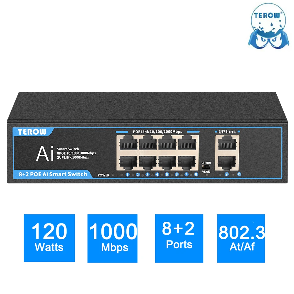 

TEROW POE Gigabit Switch 10/100/1000Mbps 8 Port POE +2 Port Uplink VLAN 802.3 AF/AT Network Switch for IP Camera/Wireless AP/NRV