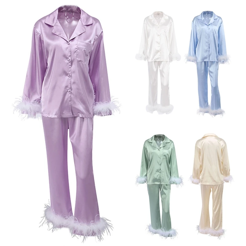 Womens Silk Satin Pajamas Loungewear Two-piece Sleepwear Feathers Pajamas Set