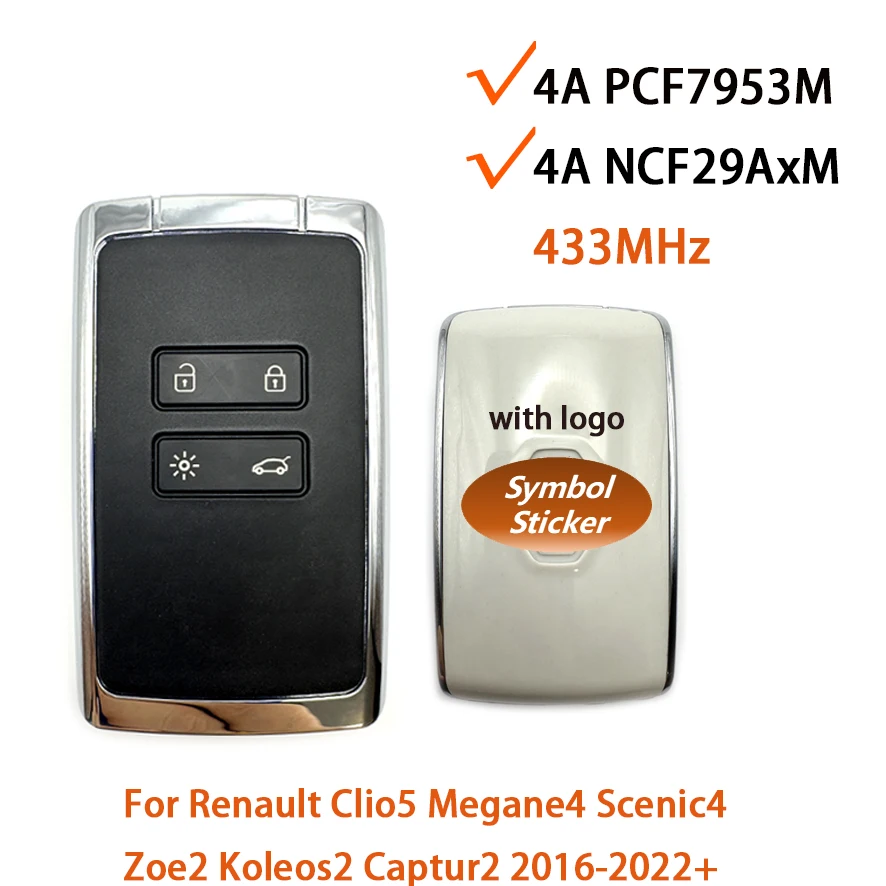 

4A PCF7953M NCF29AxM 433 МГц бесконтактный умный автомобильный дистанционный ключ для Renault Clio5 Megane4 Scenic4 Zoe2 Koleos2 Captur2 2016-2022+