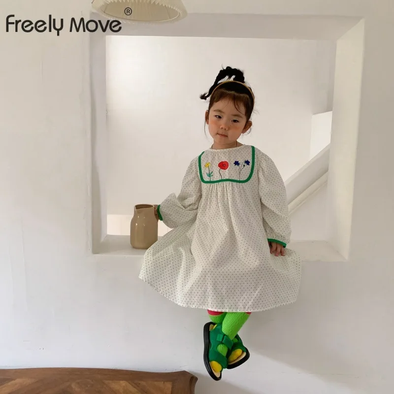 

Freely Move 2022 Autumn New Fashion Kids Girl's Princess Dress Dot Floral Embroidery Korean Style Puff Long Sleeve O-neck Dress