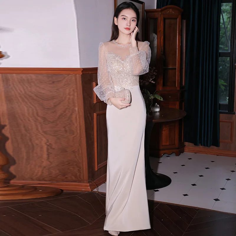 Elegant Beaded O-Neck Mesh Long Sleeve Back Zipper Bride Bridesmaid Mermaid Gowns Party Banquet Female Dresses Cheongsam