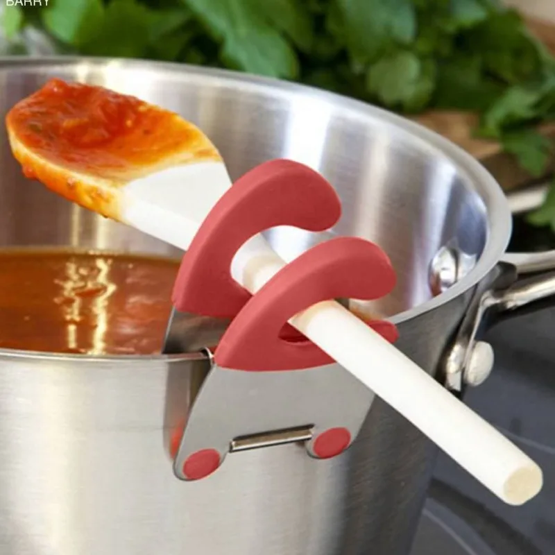 

Portable Kitchen Functional Stainless Steel Convenient Pot Side Rubber Clip Anti-scalding Portable Spoon Holder Kitchen Gadget