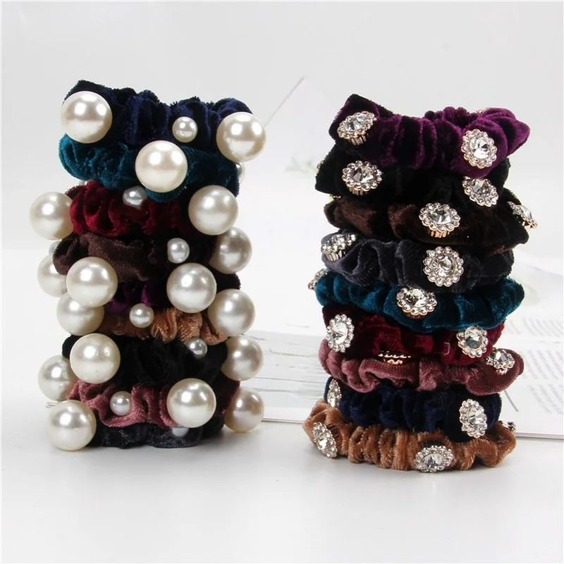 

Korean Version of Flannel Rhinestone Hair Ring Pearl Ladies Tie Hair Rubber Band Hair Rope Adult Ponytail Head Jewelry