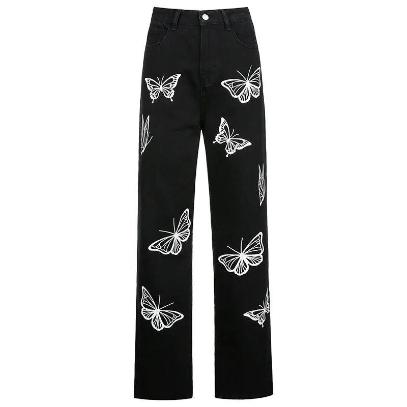 Women Butterfly Print High Waist Street Indie Fashion Mom Jeans Y2k Black Straight Denim Pants 2021 Spring Autumn New Trousers