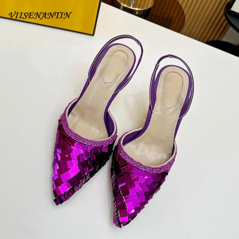 

Новое поступление, вечерние туфли с блестками зеленого и фиолетового цвета на необычном каблуке, туфли на высоком металлическом каблуке, восхитительные очаровательные туфли, туфли с ремешком сзади