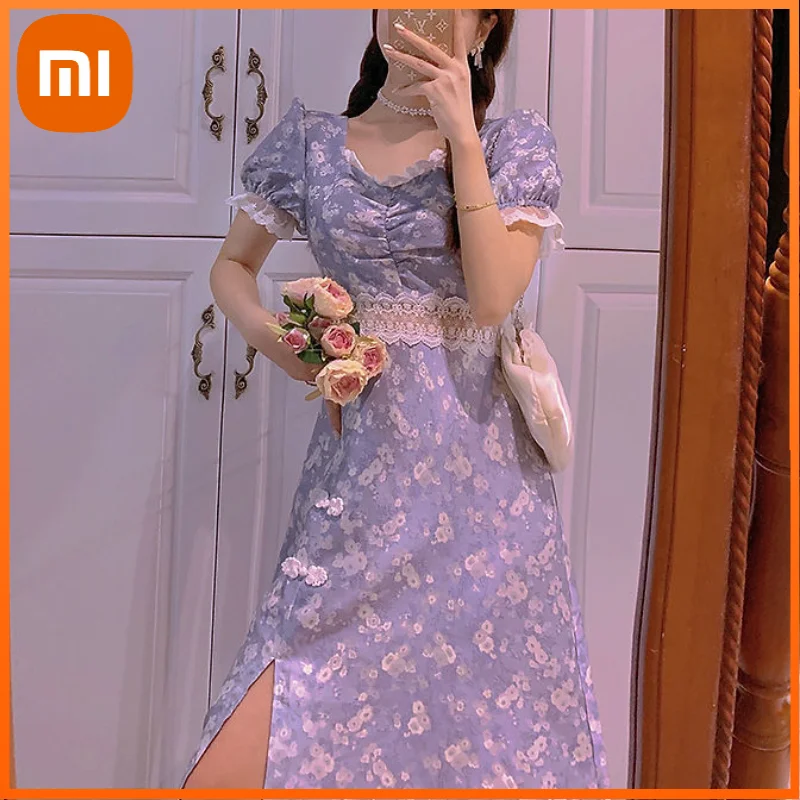 

Xiaomi French Vintage Floral Dress Women Hollow Designer Lace-up Elegant Split Dress Princess Casual Puff Sleeve Chiffon Dress