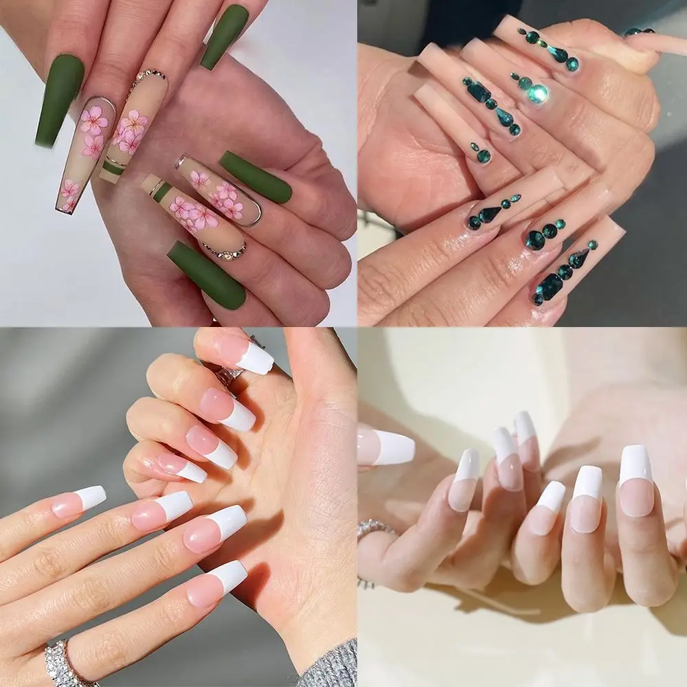 

24pcs/Box Press On Nails Detachable Full Cover Manicure Tool Nail Tips Coffin False Nails Wearable Rhinestone Fake Nails
