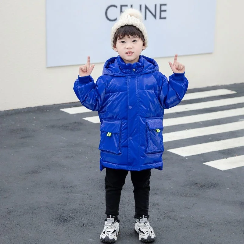 

Wash Free Unisex Children's White Duck Down Jacket Thickened Korean Fashion Bright Face Vintage Letter Print Loose Hooded Coat