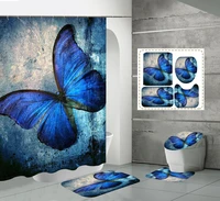 4 pcs blue butterfly bathroom decor sets shower curtain rugs waterproof fabric vintage butterflies bath curtains and mat set