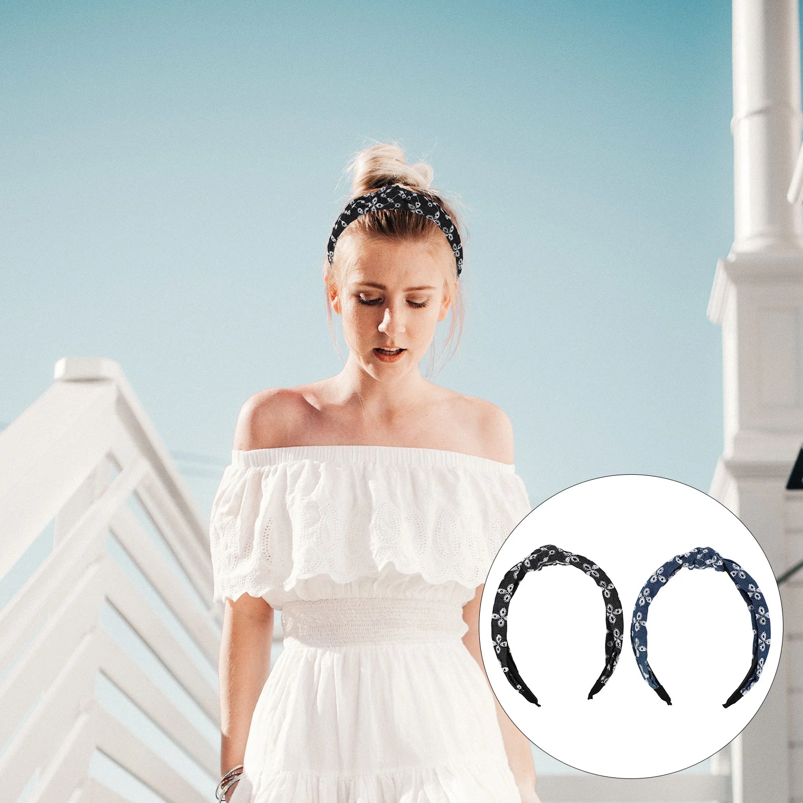 

2pcs Vintage Knotted Headband Denim Padded Cloth Hairbands Daisy Embroidery Twisted Hair Cross Wide Wrap Daily Hair Accessory