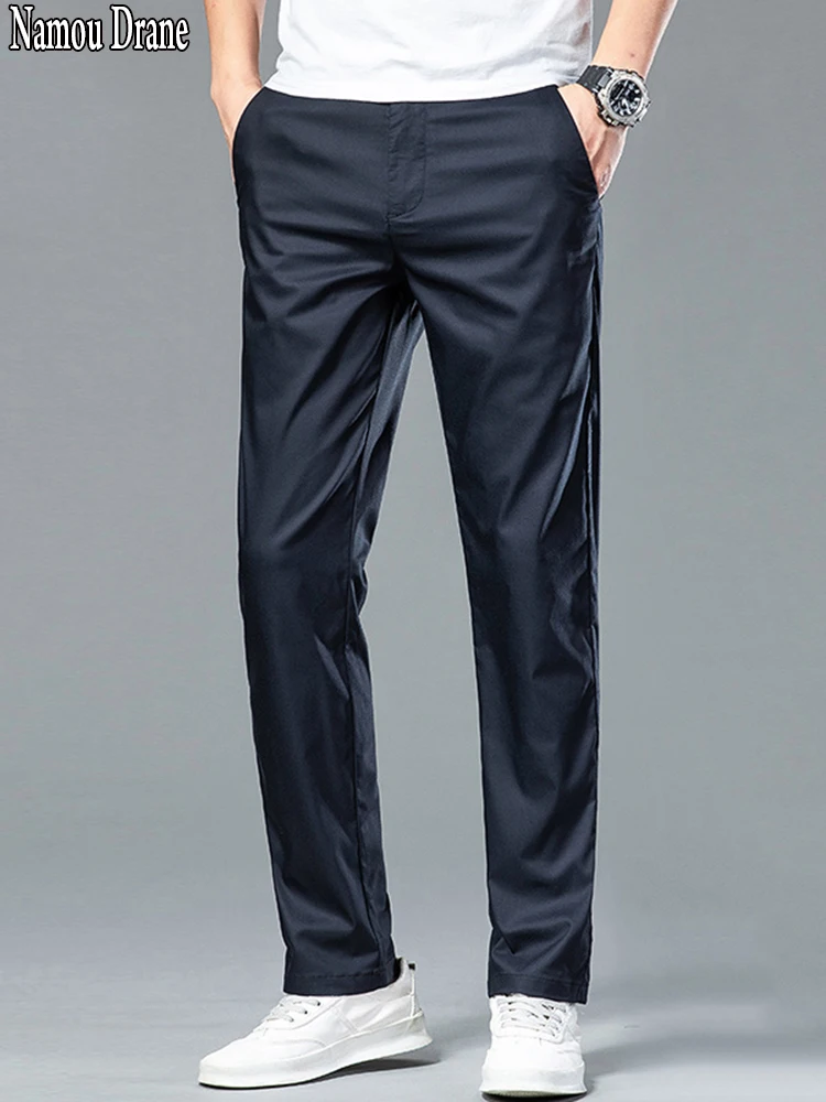 

Брюки мужские прямые из бамбукового волокна, уютные мягкие Стрейчевые тонкие повседневные штаны, деловой стиль, темно-синие, большие размеры 40-42, на лето