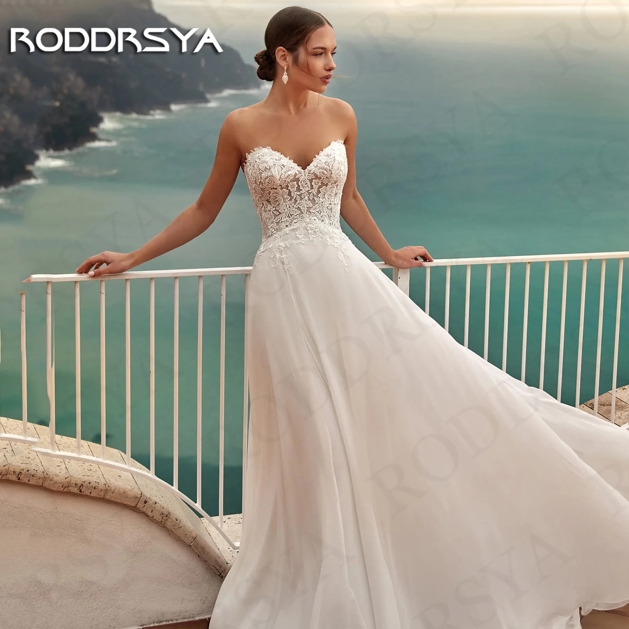 Фото Пляжные свадебные платья RODDRSYA с длинным рукавом для невесты, кружевное женское свадебное платье-трапеция с открытой спиной, шифоновое платье для невесты Пляжные свадебные платья с длинными рукавами для невесты  Кру №4