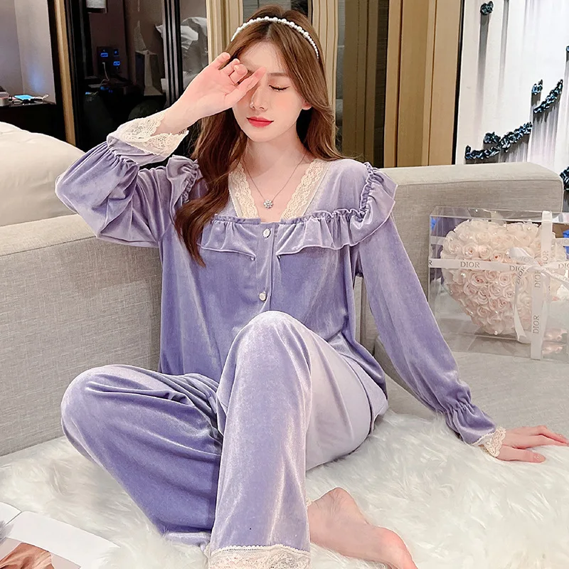 Spring and Summer New Gold Velvet Home Wear Pajamas Suit Ladies Princess Style Long Sleeve Trousers Suit Sweet Cute Loungewear