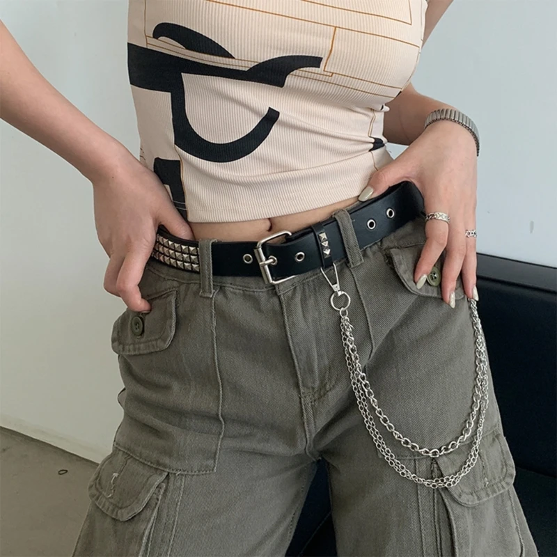 

Summer Waist Belt with Alloy Rivet&Dangle Chain for Woman Men Rivet Adjustable Pin Buckle Waist Strap for Jeans Dress