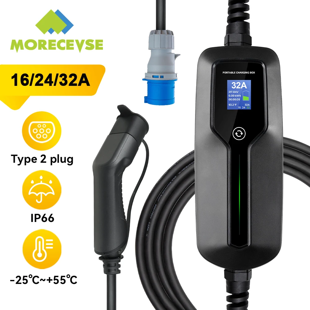 Зарядное устройство Morec Portab EV, тип 2, 7 кВт, 16/А, переключаемый кабель для зарядки электромобиля, длина кабеля 6 м, вилка стандарта CEE