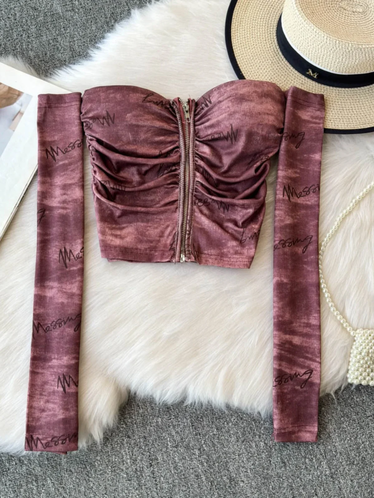 Foamlina 2024 осенняя новая футболка двусторонняя окрашенная со складками и принтом