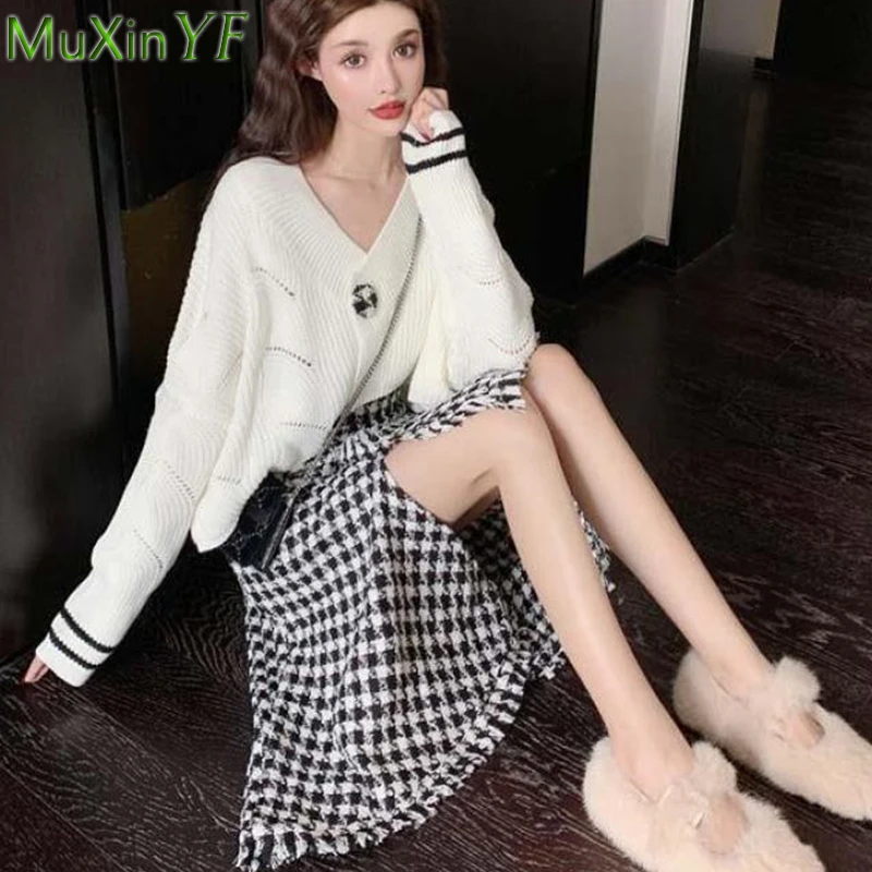 2022 Women's Autumn Winter New Clothing Set Lady Fashion Short V-Neck White Sweater Plaid Tweed Skirts Outfit Graceful Knit Tops