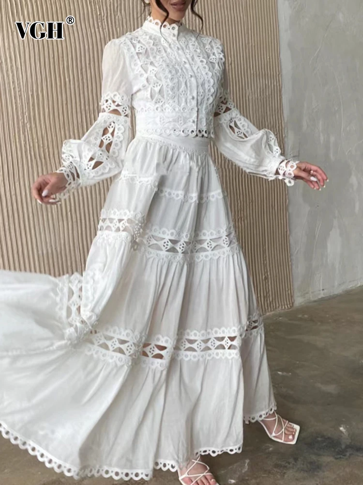 

Женский однотонный костюм VGH из двух предметов, топ с воротником-стойкой и длинным рукавом, свободная юбка с высокой талией, женская мода