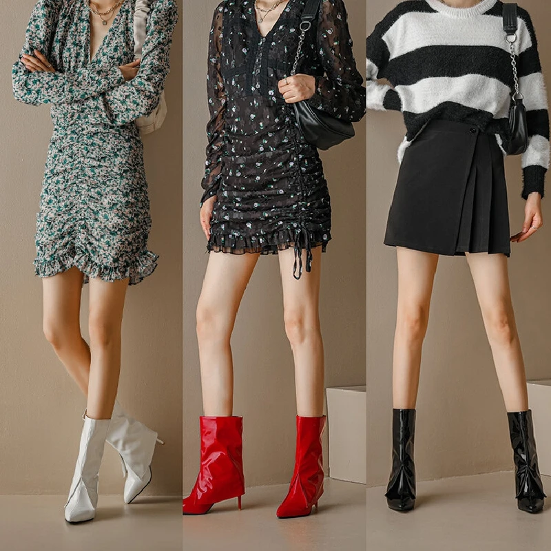 Winter 2022 new pointed toe, thin heel, patent leather faux short plush fashion boots net red short style boots