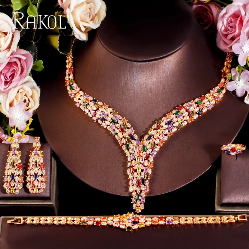 

RAKOL Luxury Full Colored zircon Style Necklace Earrings Bracelet Ring Four Piece Women Jewelry Set Wedding Party Accessories