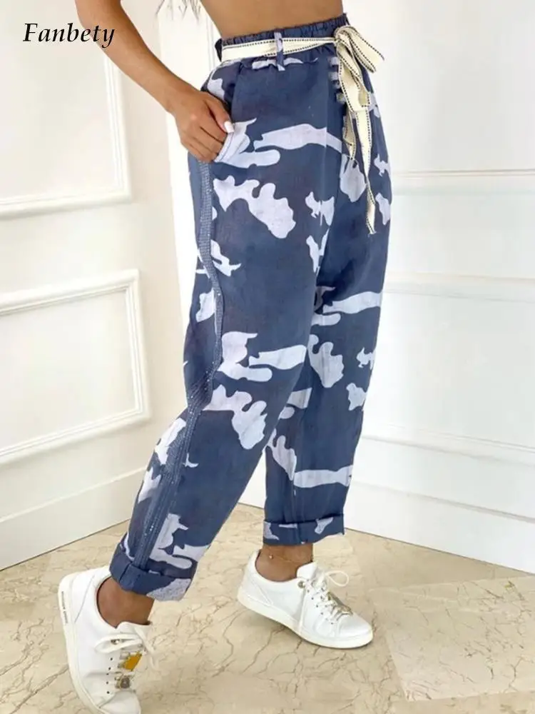 

2022 Spring Women Casual Pants Mid Waist Lace-up Loose Jogging Trousers Female Fashion Chic Camouflage Printed Pants Streetwear