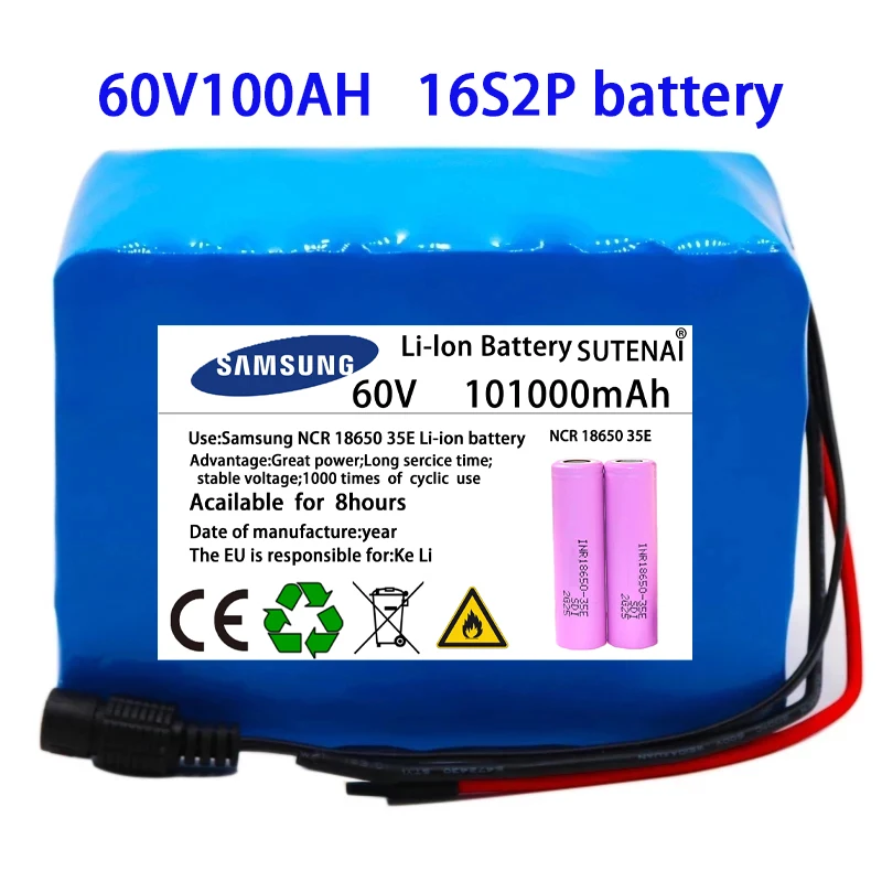 

60V 16S2P 100Ah 18650 Li-ion Battery Pack 67.2V Lithium Ion 101000mAh Ebike Electric bicycle Scooter with 30A BMS 750W 1000Watt