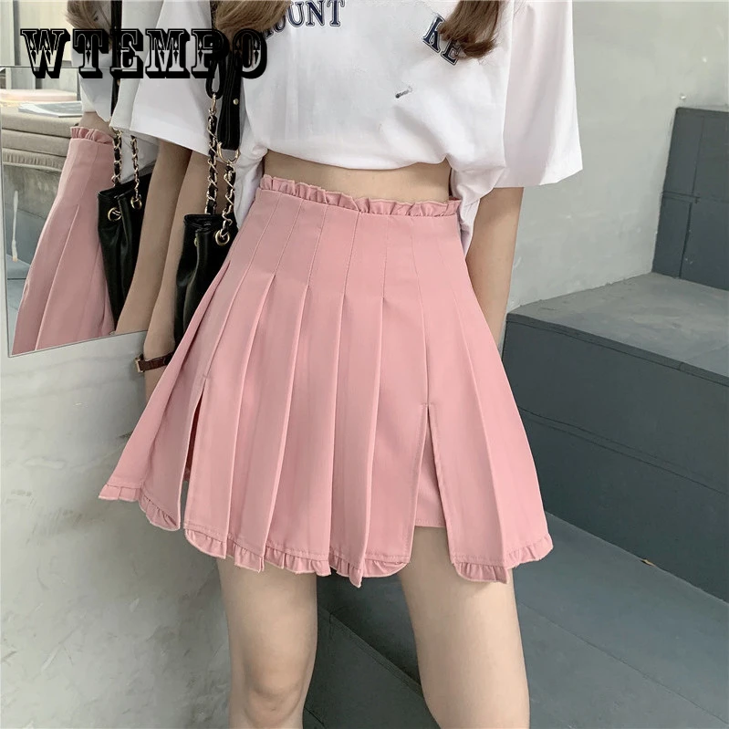 

WTEMPO Pink Pleated Split Empire Skirt Women Casual Korean Fashion 2023 New High Waisted Anti Glare Y2k Style Solid Color Skirts