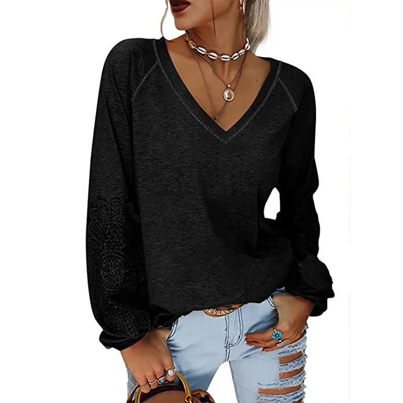 Women's 2022 Autumn and Winter New Solid Color Pullover V-neck Stitching Lace Lantern Sleeve T-shirt Women