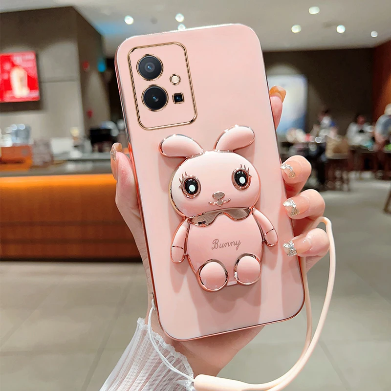 

Cute Cartoon Rabbit Fold Stand For VIVO Y75 Y55 T1 5G IQOO Z6 Phone Case With Lanyard Luxury Plating Cover