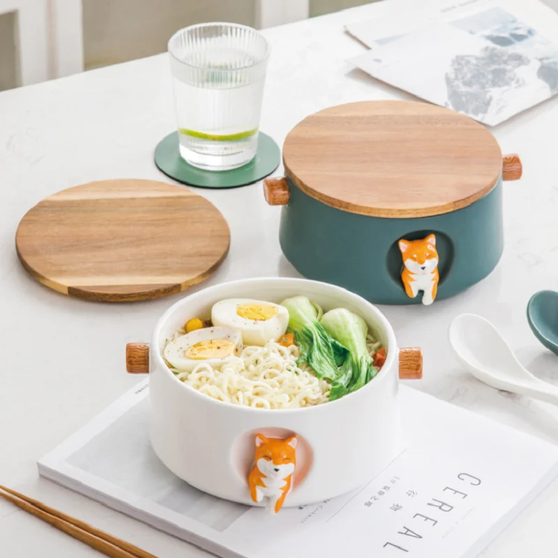 

2021 новая керамическая миска для лапши Сиба-ину с крышкой, ложка, миска для ланча для студенческого общежития, посуда в виде животного, праздн...