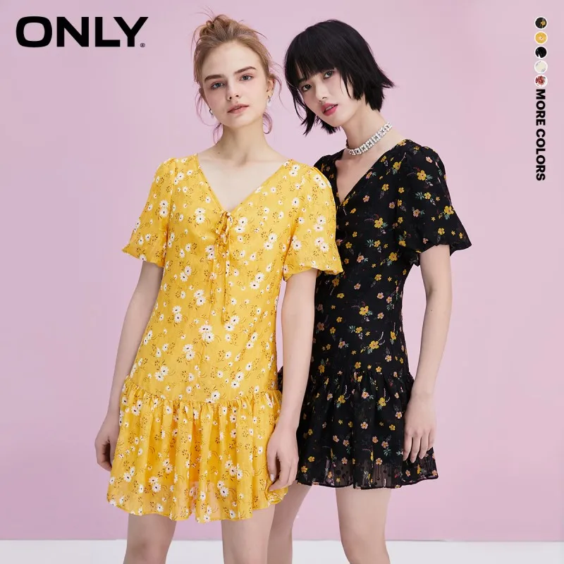 

ONLY Spring New Sweet A-word Floral Puff Sleeve V-Neck Short Dress Women|122107068