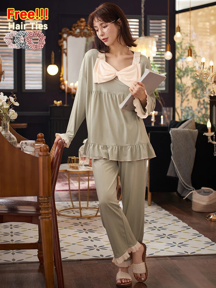 

ATUENDO Autumn Fashion Vintage Pajamas Sets for Women 100% Cotton PJS Atoff Home Sleepwear Leisure Satin Soft Silk Nightwear