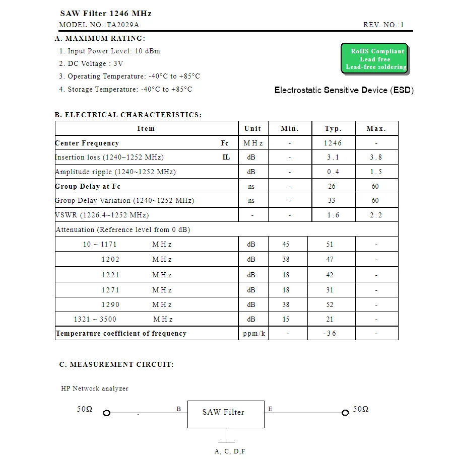 10 шт. TA2029A код E8 новый оригинальный 1246 МГц упакованный SMD пильный фильтр