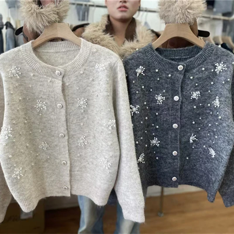 Французский вязаный кардиган со снежинками и бисером женский свитер осенний