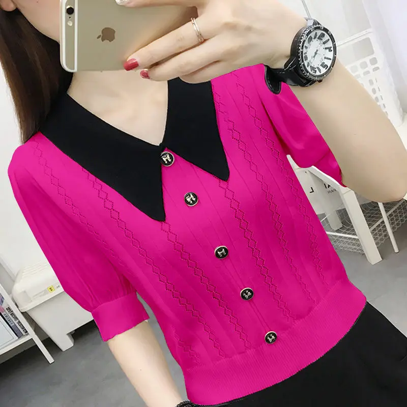 Fashion Peter Pan Collar Spliced Hollow Out Knitted Blouse Female Clothing Summer New Commute Tops Loose Casual Shirt