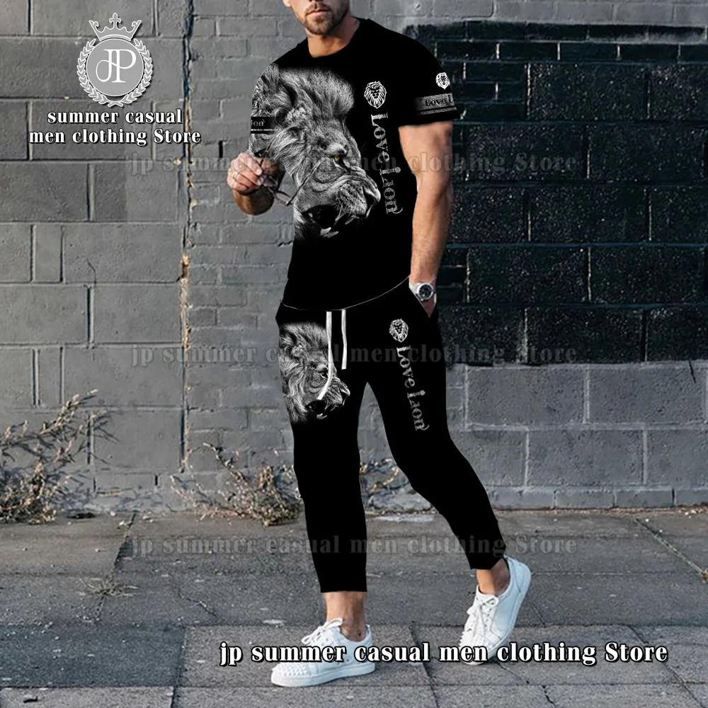 2023 New Men's Tracksuit 2 Piece Lion 3D Print O Neck Short Sleeve T shirt+Long Trousers Street Fashion Casual Men Jogging Set