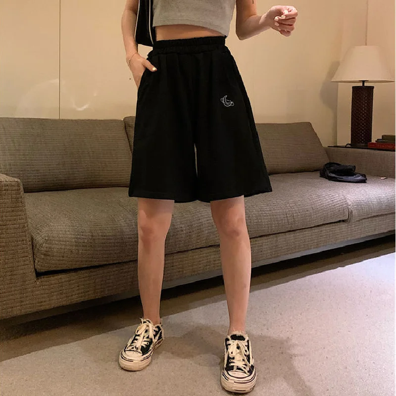 Shorts Women Summer Loose  Solid Embroidery BF Wide-leg Knee-length Harajuku Casual Simple High Elastic Waist loose clothing