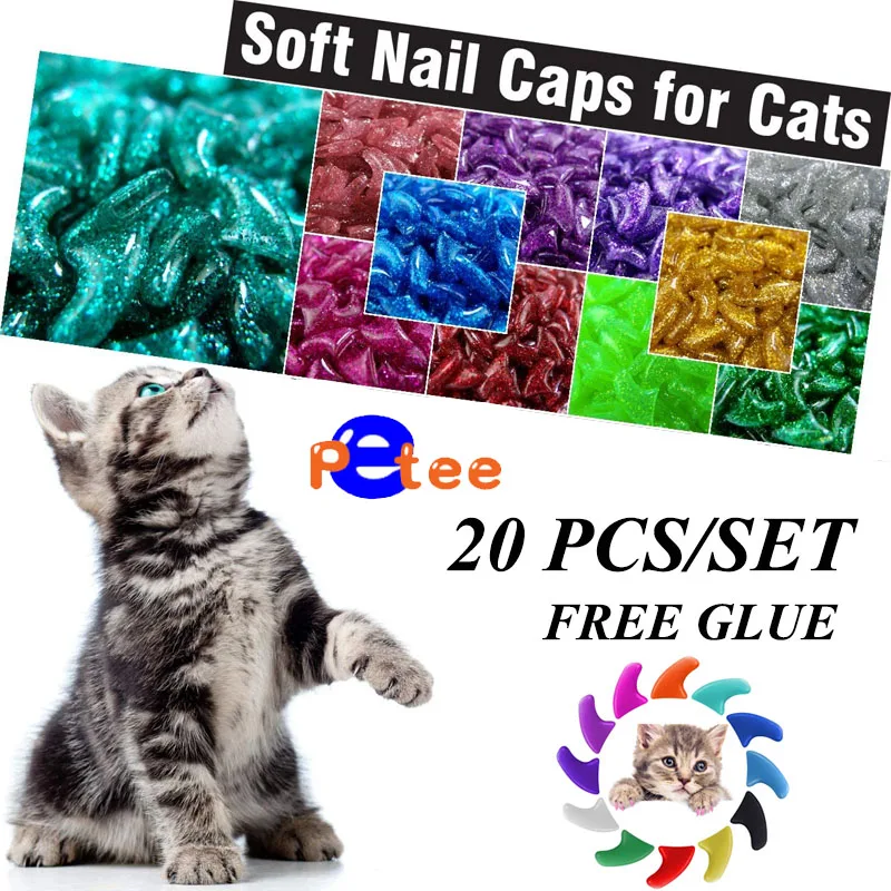 New FASHION colorful Cat/Dog Nail Caps soft cat/dog Claw Soft Paws 20 PCS/lot with free Adhesive Glue Size XS S M LGift for pet