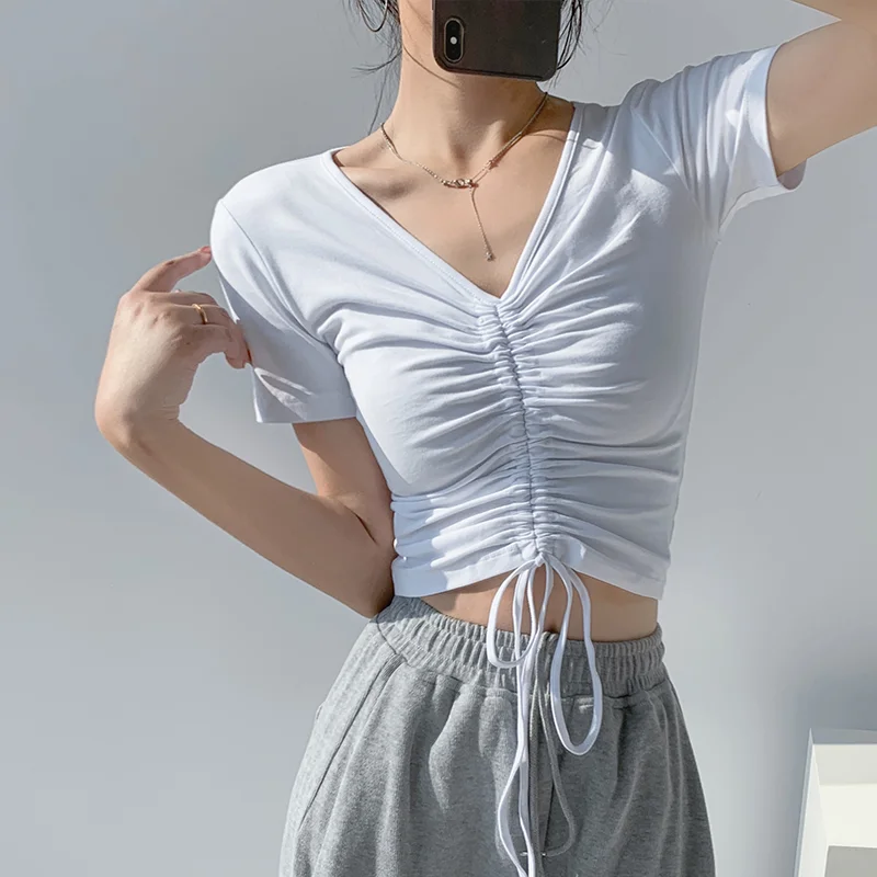 

T Shirts Women 2022 Summer Fashion V Neck Slim Thin Short T-Shirt Tee Femme Short Sleeve Solid Basic Shirring Casual Tops Female