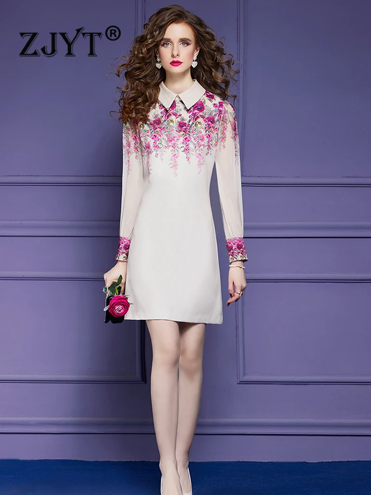 

ZJYT Runway Fashion Spring Floral Print Dress Women 2023 New Arrivals Long Sleeve Casual Above Knee Vestidos Party Holiday Robes