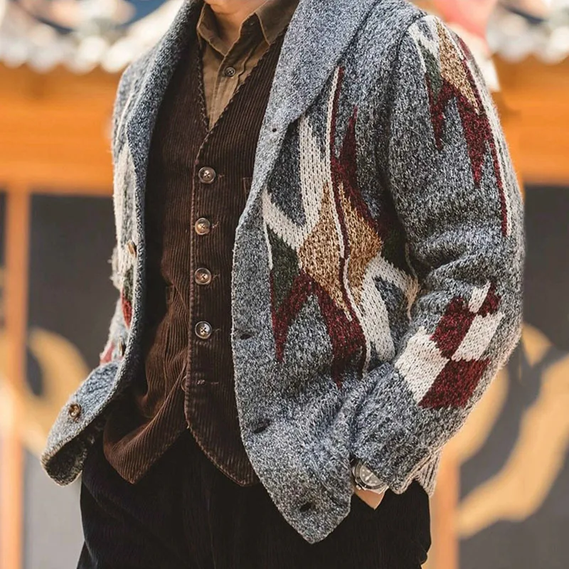 

Men Casual Loose Long Sleeve Outerwear 2022 Fall Winter Mens Fashion Lapel Button Sweater Retro Pattern Printed Knitted Coats