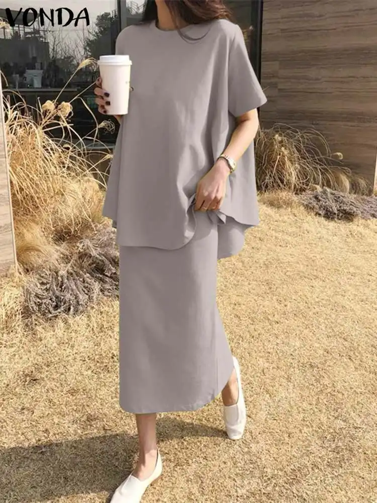 

VONDA 2022 Oversize Summer Fashion Jupe Sets Casual Women Short Sleeve O Neck Blouse High Waist Pleated A-line Long Skirts Suits